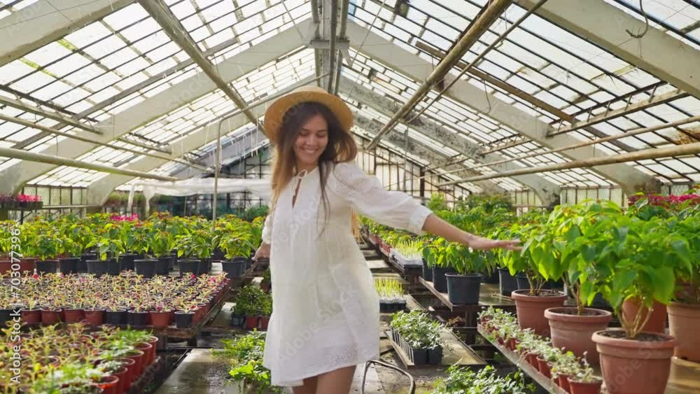 joyful young woman in farm plant shop or greenhouse in sunny summer day, smiling and enjoying joyful young woman in farm plant shop or greenhouse in sunny summer day, smiling and enjoying