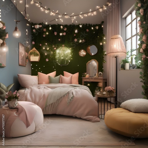 A whimsical fairy garden-inspired room with floral wallpapers, canopy beds, and twinkling fairy lights1 photo