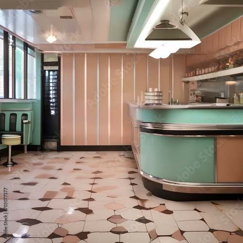A retro-inspired malt shop kitchen with pastel-colored tiles, chrome accents, and vintage soda fountains3