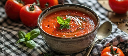 Ready-to-eat gazpacho with tomato soup, served with portion, cutlery, checkered tablecloth.