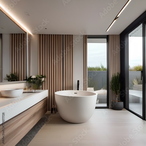 A minimalist spa-like bathroom with clean lines  natural materials  and serene  neutral tones3