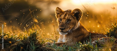 Young lion cub resting in grass with raindrops and golden hour beginning, in Naboisho Conservancy of Maasai Mara ecosystem. photo