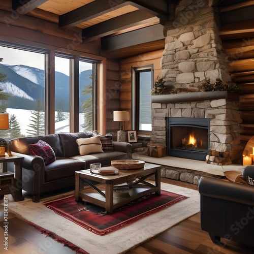 A winter cabin-style living room with a stone fireplace, plaid throws, animal hide rugs, and log cabin-inspired decor3 photo
