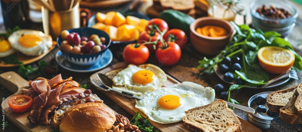Variety of foods on breakfast table Variety of foods on breakfast table