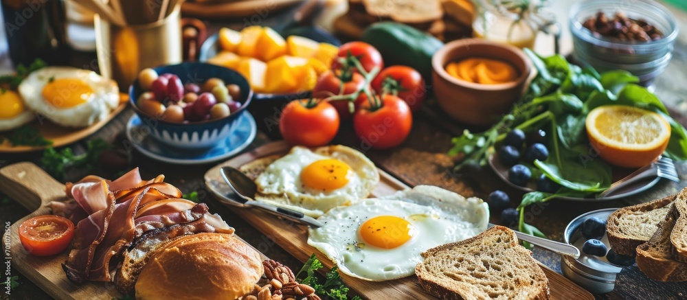 Variety of foods on breakfast table