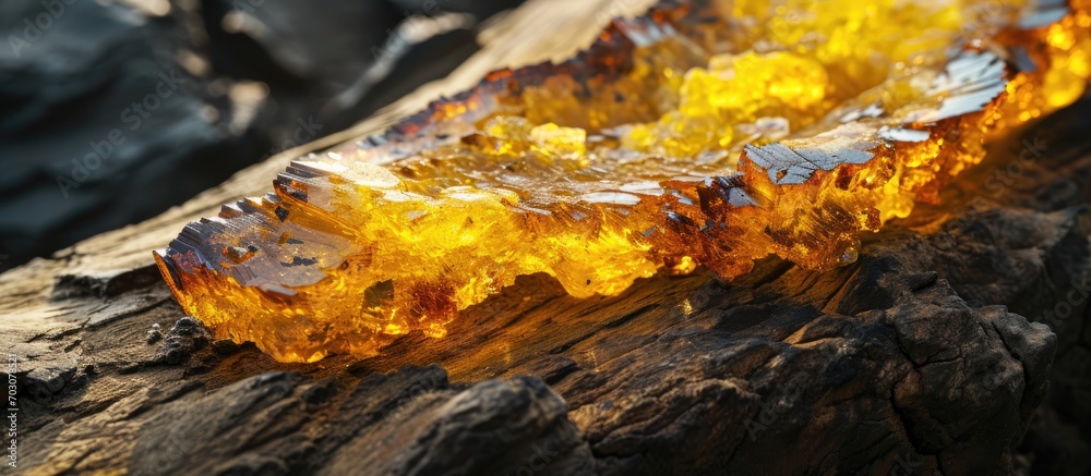 Raw amber's beauty showcased on dark stoned wood with yellow, opaque hue.