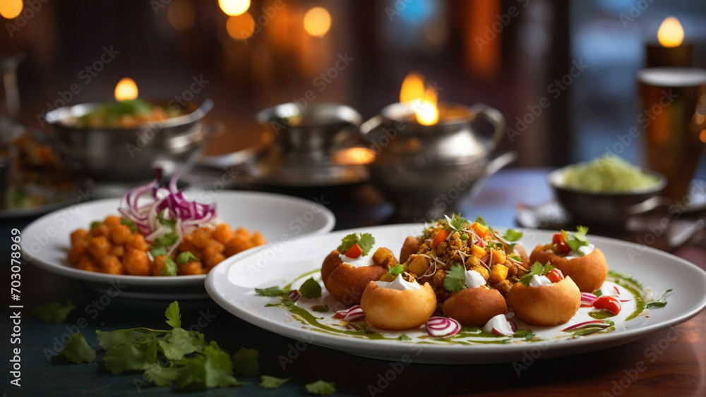 image that conveys the harmony of flavors in Indian chaat on a clean, white plate against a restaurant table setting image that conveys the harmony of flavors in Indian chaat on a clean, white plate against a restaurant table setting
