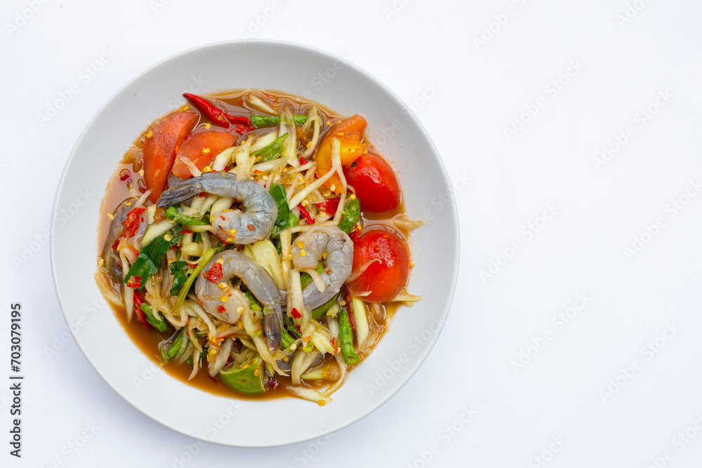 Papaya salad with shrimp in white plate Papaya salad with shrimp in white plate