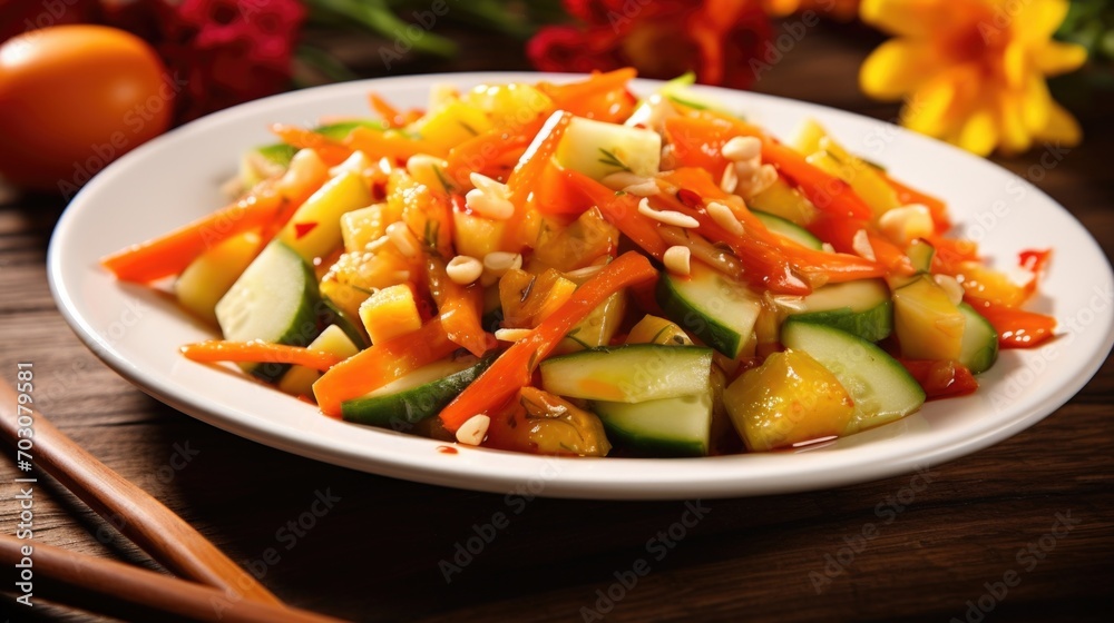 A visually appealing capture of a plate of Acar, showcasing a vibrant pickled vegetable concoction featuring a medley of crunchy cucumbers, carrots, shallots, and pineapples, immersed in A visually appealing capture of a plate of Acar, showcasing a vibrant pickled vegetable concoction featuring a medley of crunchy cucumbers, carrots, shallots, and pineapples, immersed in