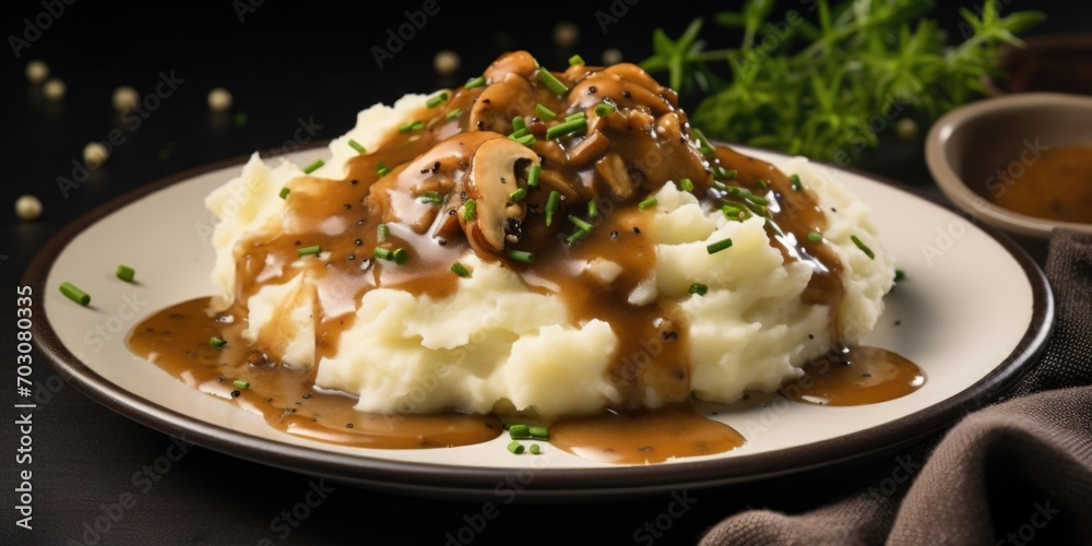 Fluffy clouds of ery mashed potatoes, delicately speckled with black pepper, elegantly drizzled with an indulgent gravy that cascades down the sides, adding a tantalizing depth to the dish.