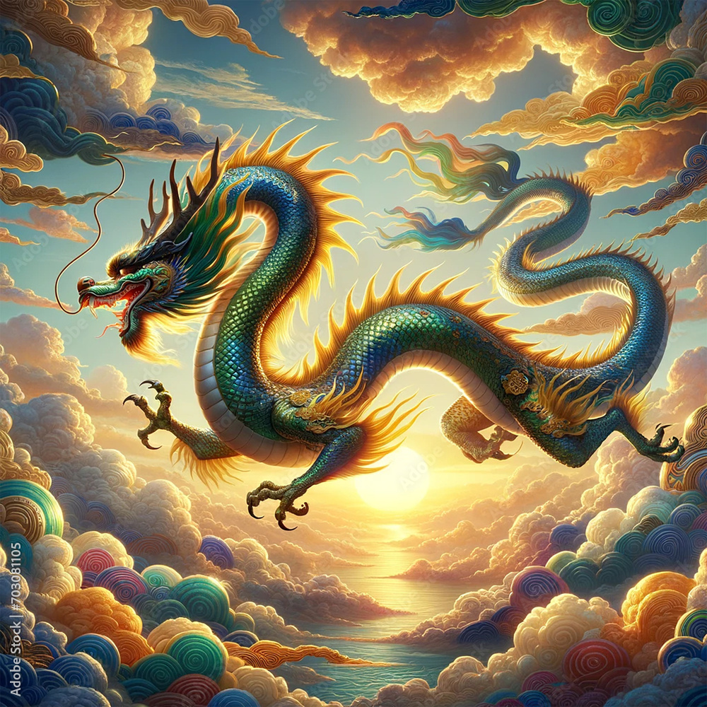 A majestic, powerful dragon soaring through the sky, embodying the spirit of the 2024 Year of the Dragon in the Chinese zodiac A majestic, powerful dragon soaring through the sky, embodying the spirit of the 2024 Year of the Dragon in the Chinese zodiac
