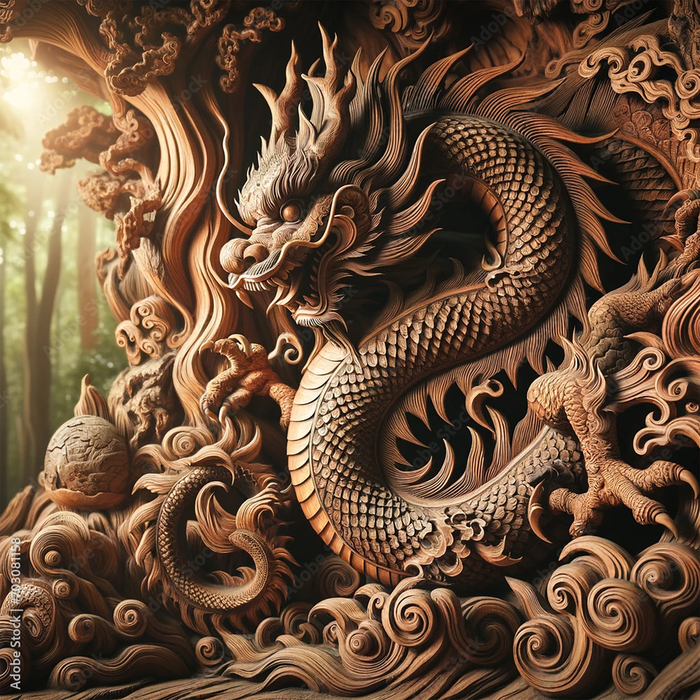 mythical wooden dragon, intricately carved with elaborate details, symbolizing the Chinese Zodiac's Year of the Dragon mythical wooden dragon, intricately carved with elaborate details, symbolizing the Chinese Zodiac's Year of the Dragon