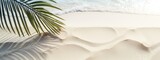 palm leaf shadow on abstract white sand beach background, sun lights at water surface, beautiful abstract background concept banner for summer and vacation at the beach