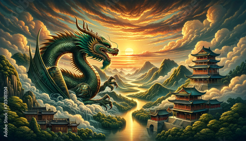 A majestic dragon, symbolizing strength and vitality, soaring through the clouds over a traditional Chinese landscape. The dragon, detailed and powerful
