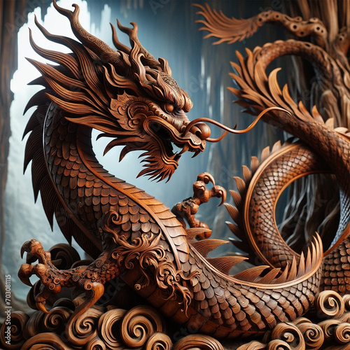 A mythical and detailed wooden dragon symbolizing the year of the dragon. This dragon is intricately carved with scales, horns, and a long, swirling tail