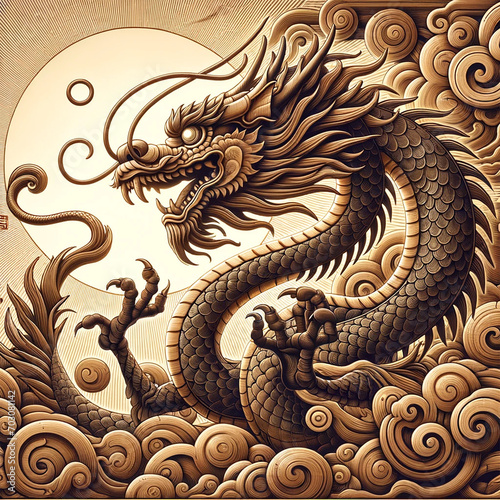 An illustration of a mythical wooden dragon  embodying the symbolism of the year of the dragon. This dragon is intricately carved from wood