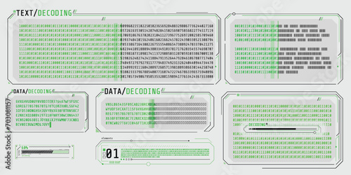 Data entry and text decoding on futuristic interface screen.