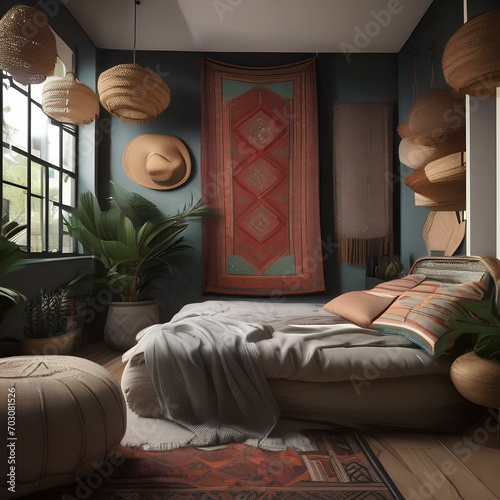 A bohemian-style bedroom with tapestries, floor cushions, and lots of textures1 photo