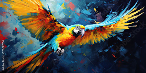 a painting of a colorful macaw in flight, in the style of speed painting, generative AI photo