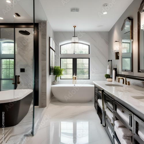 A luxurious master bathroom with marble countertops, a soaking tub, and a rainfall shower3