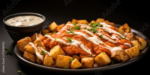 A platter of crispy, goldenbrown patatas bravas, small cubes of potato tossed in a smoky and y tomatobased sauce, garnished with a dollop of creamy aioli, offering a tantalizing balance