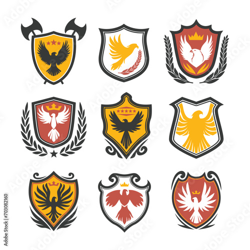 Eagle emblem set, Eagle crest logo set. Royal hawk shield badge brand design label template, coat of arms heraldic shield with wings and banner, Heraldic flying falcon bird icons, vector illustration.