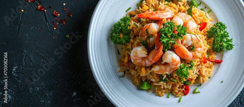 Thai Tom Yum Fried Rice with shrimp and vegetables on a white plate on a black backdrop. Thai cuisine. Copy space. Top view.