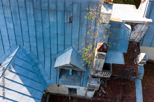 A drone view of the unusual roof of the main house of the Vorobyovo estate from the early 20th century with a birch tree growing on it. Kaluga region, Russia photo