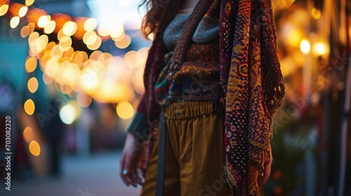 A touch of boho charm with a vibrant upcycled scarf, flowy hemp trousers, and a relaxed recycled wool sweater for a freespirited look. photo