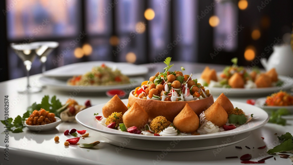 tradition and modern aesthetics by featuring Indian chaat arranged on a stylish white plate against a contemporary restaurant table background tradition and modern aesthetics by featuring Indian chaat arranged on a stylish white plate against a contemporary restaurant table background