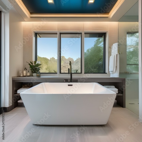 A luxurious spa-like bathroom with a freestanding tub and a glass-enclosed shower1