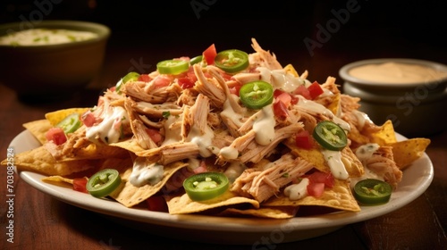 An irresistible closeup image featuring a tower of loaded nachos, each chip boasting a generous smear of creamy queso, tender pulled chicken, and a flavorful blend of robust es, rounded