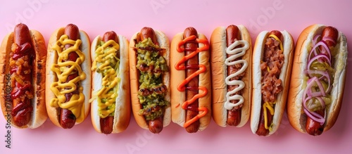 Arrangement of cooked hot dogs with toppings on a pink background.