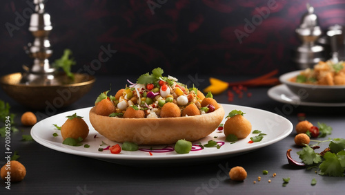 tradition and modern aesthetics by featuring Indian chaat arranged on a stylish white plate against a contemporary restaurant table background