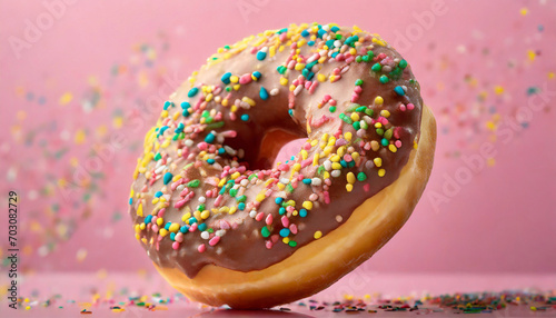 Delicious glazed donut with colorful sprinkles on vivid pink background. photo