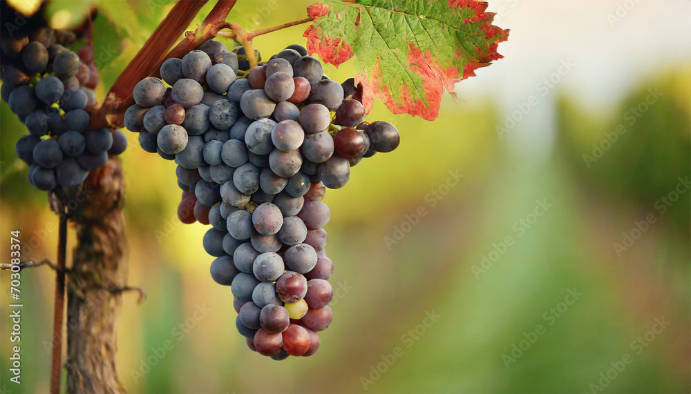 Bunch of red grapes on vineyard in autumn harvest season