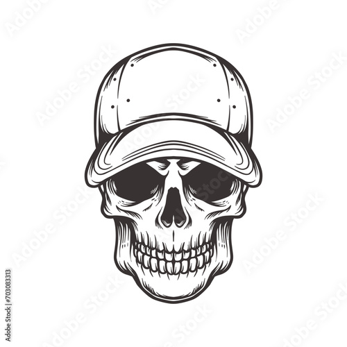 skull wearing cap in vintage style isolated illustration