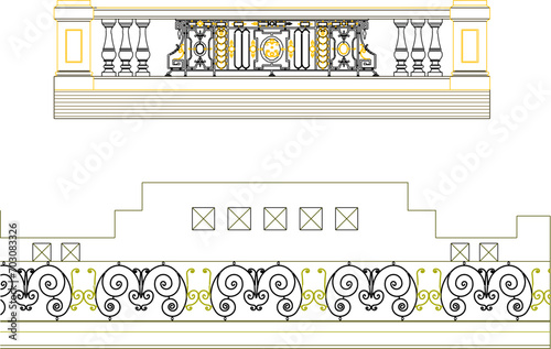 Sketch design vector illustration engineering drawing of classic balcony with railing 