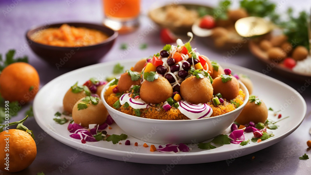 image that exudes the festive spirit of Indian chaat on a white plate against a restaurant table backdrop
