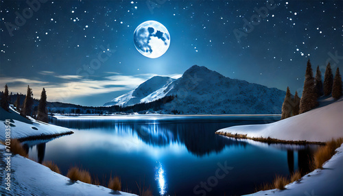 Fantastic winter landscape. Mountain lake at night in full moon light.