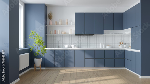 Modern blue and white kitchen interior .3d rendering