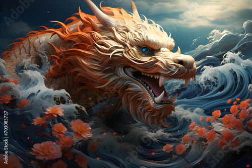 A colorful Chinese brush painting of a highly detailed colorful Chinese dragon baring its fangs. Fly among beautiful clouds Below the picture is a blue sea. The light hits the waves and sparkles. © Chanawat
