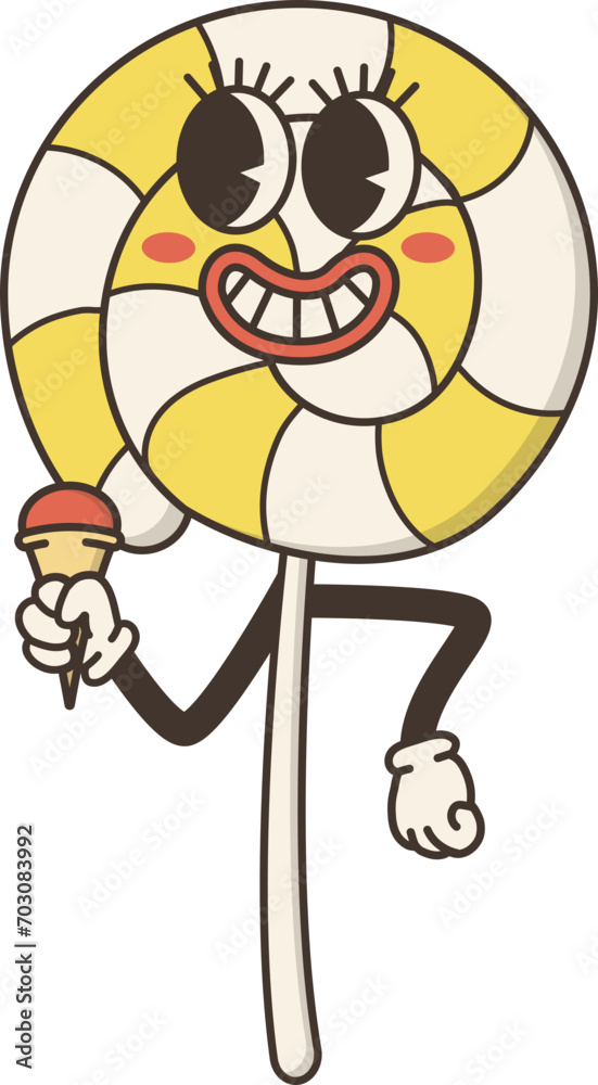 Cute Swirl Lollipop Candy Funky Cartoon Character Retro Groovy Illustration