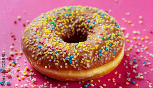 Delicious glazed donut with colorful sprinkles on vivid pink background.