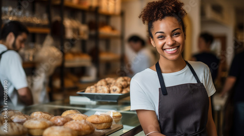 A woman store worker smiles. Retail store, grocery, bakery photo