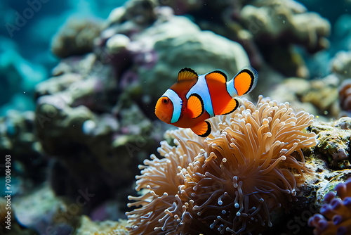  an orange clown fish swimming in a sea anemone. generative ai 