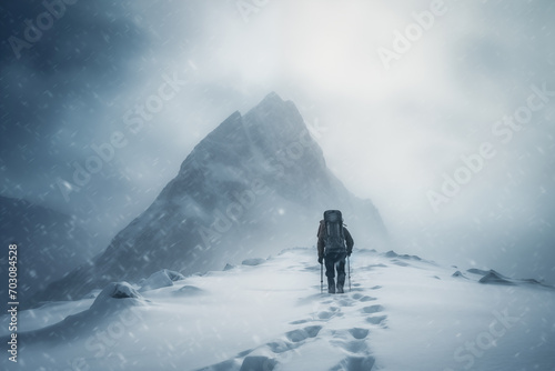 A mountaineer in mountains approaching a majestic snowy mountain peak amidst a snowfall and snow storm. Solitude and determination, adventure and challenge of climbing in extreme conditions © Dmitry Rukhlenko