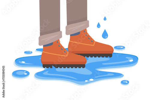 waterproof boots stand on a puddle. flat vector illustration.