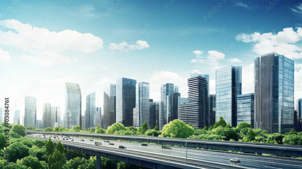 A modern cityscape with a focus on sustainable architecture A modern cityscape with a focus on sustainable architecture