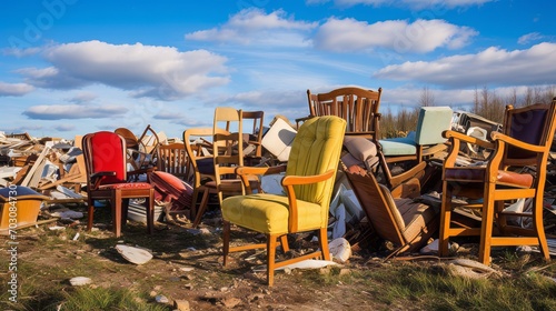 A landfill site with piles of discarded furniture photo